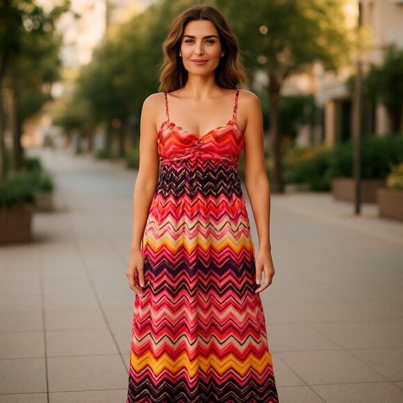BISOU Bisou Zig Zag Lined Pullover Multi-Color Braided Straps Maxi Dress Size 8 - Picture 1 of 8